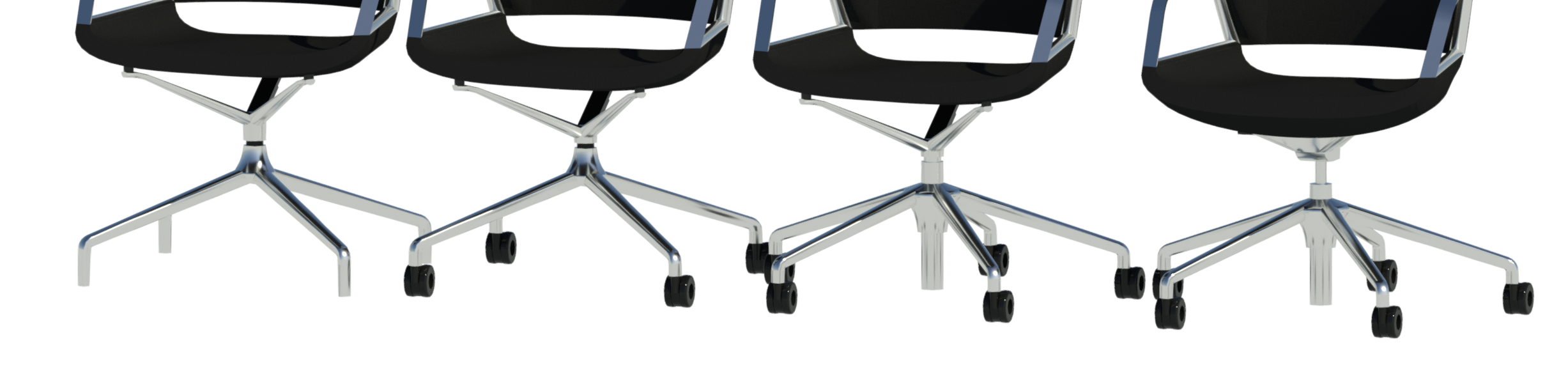 Revit render of 4 Graph chairs available with four different bases in black with four-star base, four-star base with castors, five-star base with castors and five-star base with rocking mechanism.